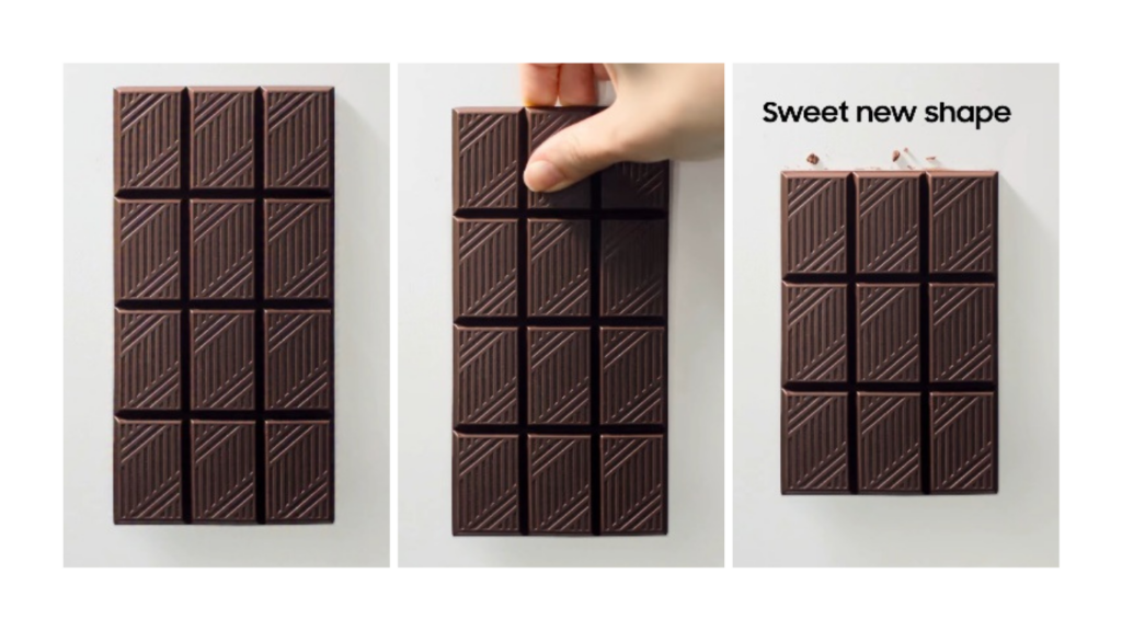 Imagem de divulgação da Samsung mostra uma barra de chocolate como referência ao possível novo formato de um celular dobrável que deve ser apresentado no Galaxy Unpacked.