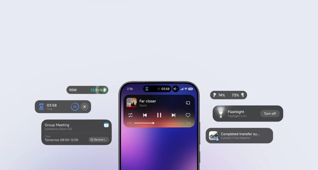 Xiaomi 17T vale a pena? Confira preço, ficha técnica e análise 9 Tela do Xiaomi 17T exibindo o recurso HyperIsland com notificações e atividades em tempo real próximas à câmera frontal.