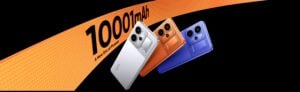 Três celulares da realme ao lado de letreiro com destaque para bateria de 10.001 mAh
