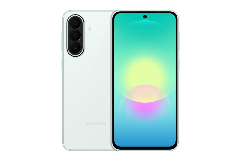 Visão frontal do Galaxy A27 5G rosa destacando a tela com bordas finas, câmera centralizada em formato de furo e um papel de parede colorido e vibrante.