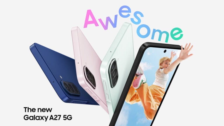 Imagem promocional exibindo quatro smartphones Samsung Galaxy A27 5G inclinados lado a lado nas cores azul escuro, rosa claro, verde claro e preto. A palavra "Awesome" flutua no topo em letras coloridas. O celular preto, em primeiro plano, exibe na tela uma jovem sorridente pulando alegremente contra um fundo de céu azul. No canto inferior esquerdo, lê-se o texto "The new Galaxy A27 5G".