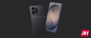 Dois renders de vazamento de um smartphone Samsung preto, um de costas mostrando o módulo de três câmeras e outro de frente mostrando a tela e a câmera selfie.