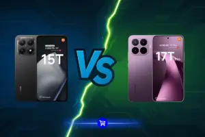 Xiaomi 15T Pro VS Xiaomi 17T Pro: os dois aparelhos lado a lado, o preto e o roxo, separados por um raio verde
