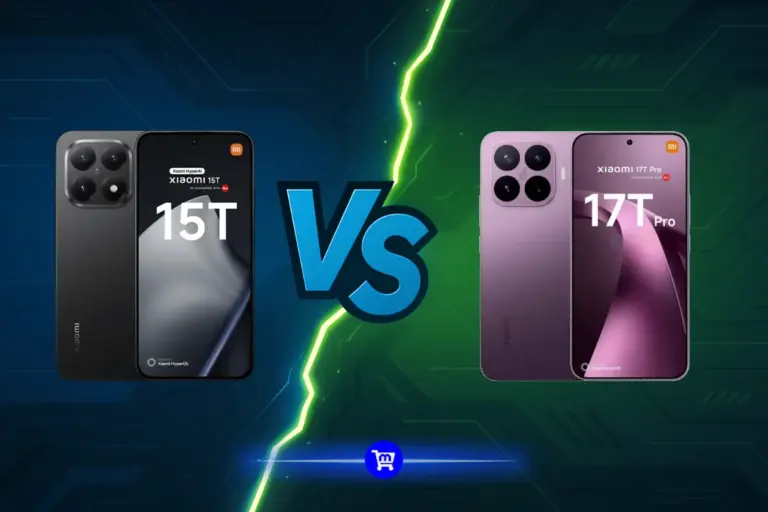 Xiaomi 15T Pro VS Xiaomi 17T Pro: os dois aparelhos lado a lado, o preto e o roxo, separados por um raio verde