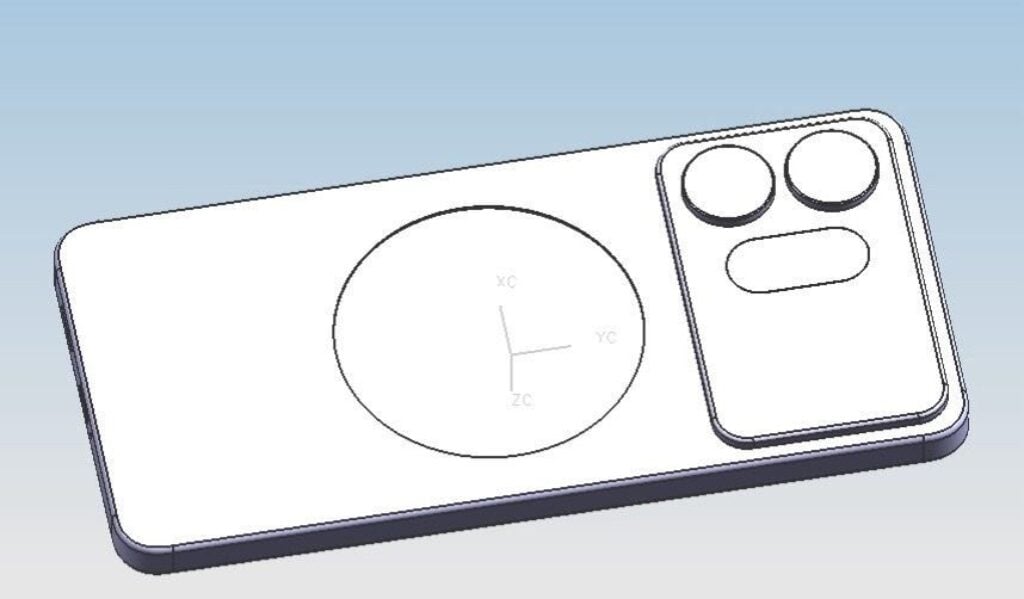 Um desenho técnico em CAD da parte traseira de um smartphone, com um módulo de três câmeras e eixos de coordenadas centrais.