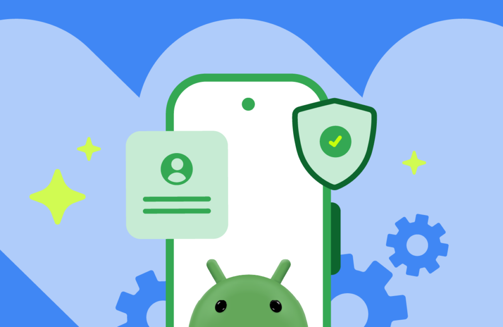 Smartphone com o mascote do Android e ícones flutuantes de segurança, perfil e engrenagens sobre fundo azul.