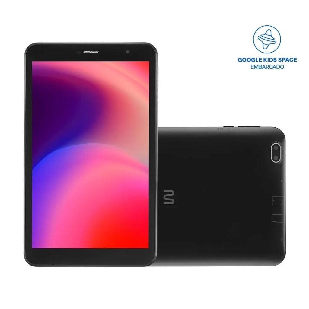 Os 5 Melhores Tablets Infantis para Comprar em 2026 17 Multi M8 4G na cor preta com foco na tela e na tampa traseira