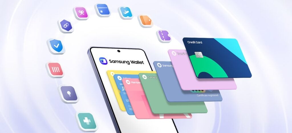 Smartphone exibindo o aplicativo Samsung Wallet, com cartões digitais e ícones de serviços flutuando ao seu redor sobre um fundo lilás.