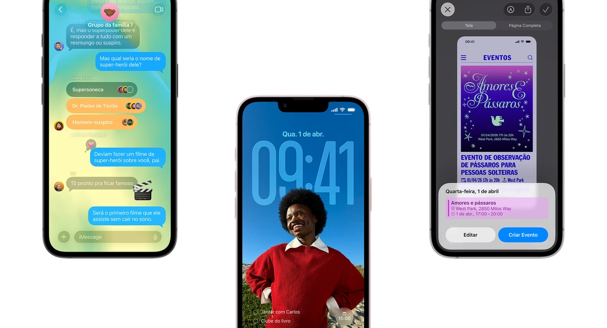 iPhone 17e Vale a Pena em 2026? Agora Custa Menos que o iPhone 16 9 Três iPhone 17e exibindo telas do iOS 26, com mensagens, tela de bloqueio e um evento