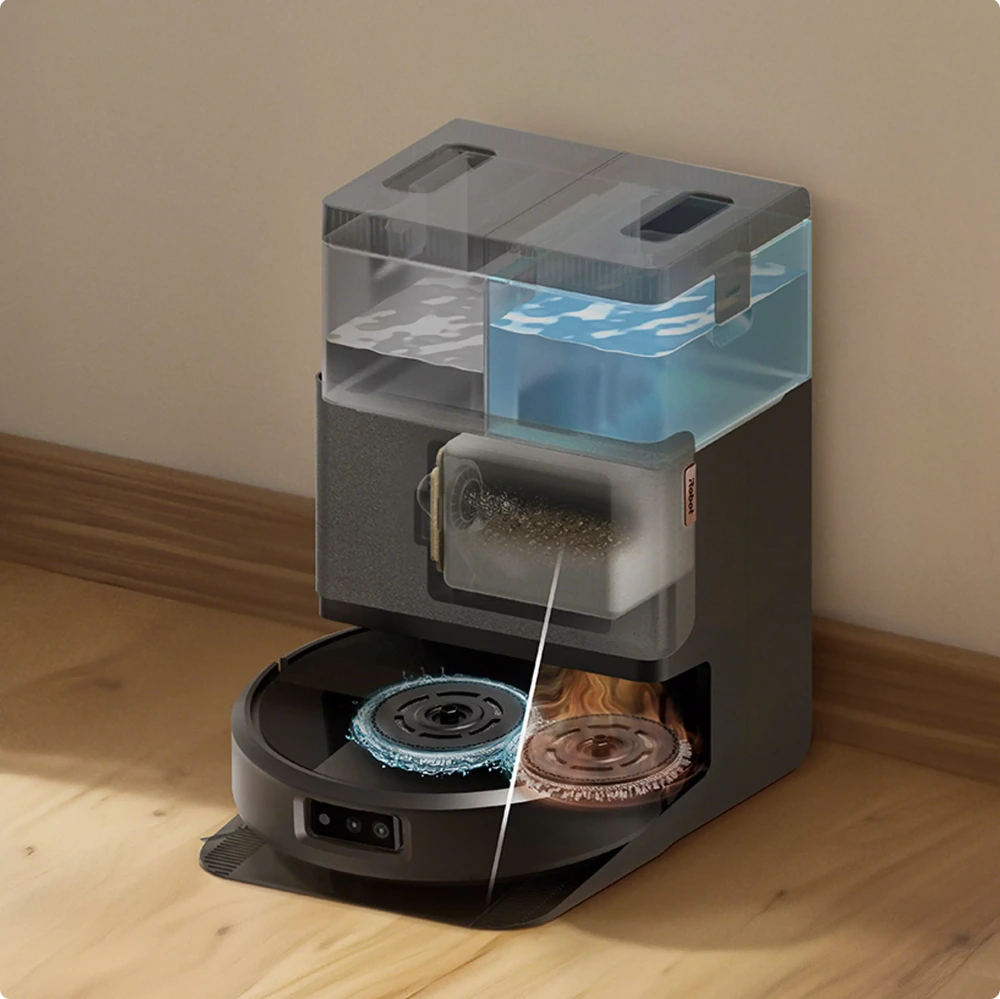 Base AutoWash Dock com tanques de água limpa e suja, lavando e secando os panos do Roomba com ar quente