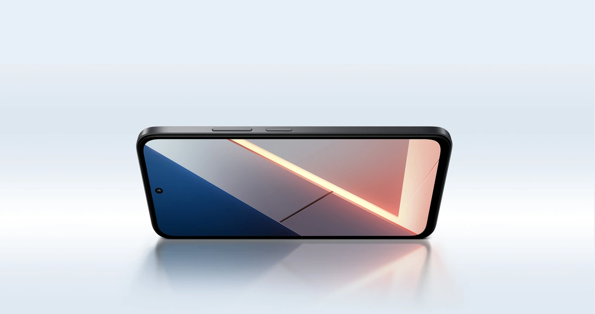 POCO M8s 5G na horizontal exibindo a tela LCD de 6,9 polegadas com taxa de atualização de 144 Hz