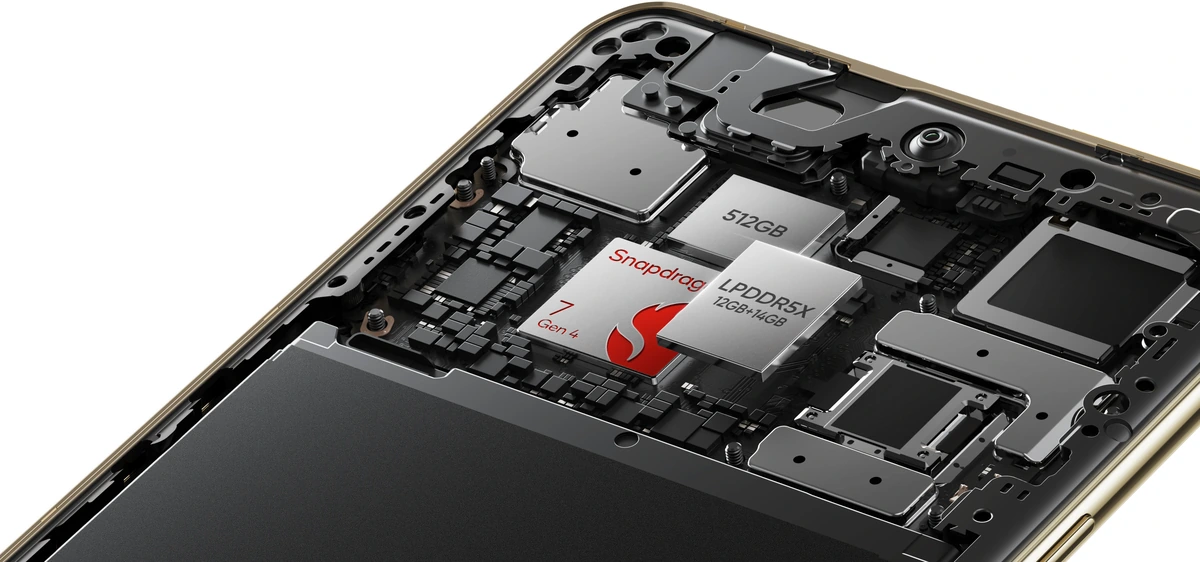 Realme 16 Pro Plus é Bom? Análise Completa do Celular de 200 MP e 7.000 mAh 6 Interior do Realme 16 Pro Plus com o processador Snapdragon 7 Gen 4, memória LPDDR5X e 512 GB