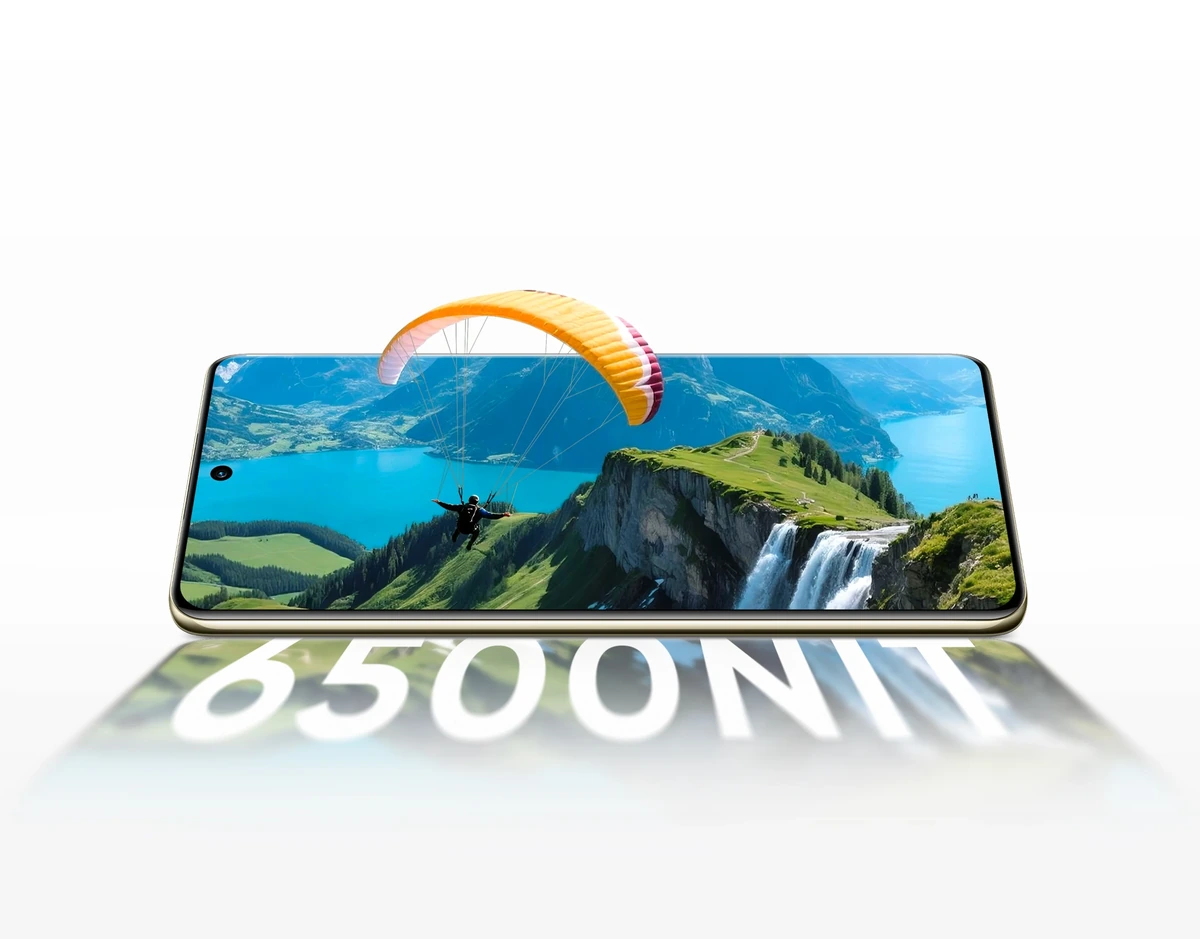 Realme 16 Pro Plus é Bom? Análise Completa do Celular de 200 MP e 7.000 mAh 5 Tela AMOLED de 6,8 polegadas do Realme 16 Pro Plus exibindo paisagem com o pico de brilho no reflexo