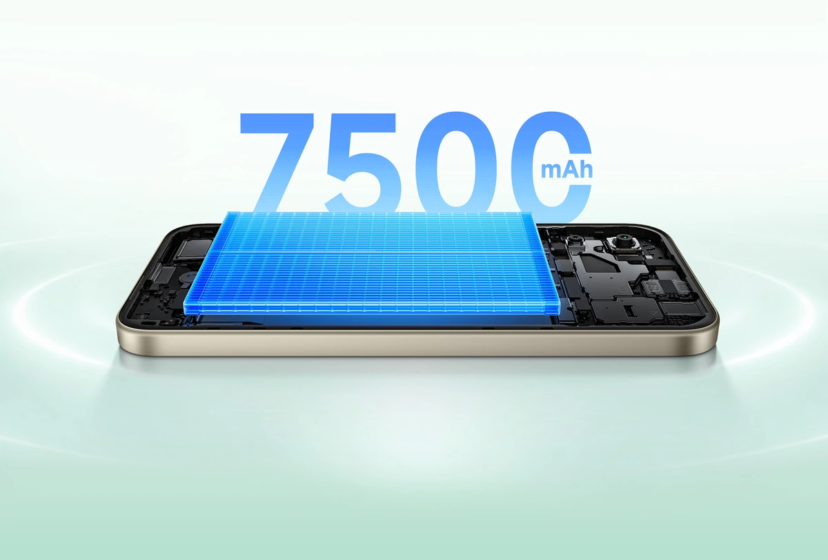 Bateria de 7.500 mAh do Redmi 17 vista dentro do aparelho, ao lado dos componentes internos