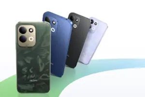 Redmi 17 é bom? Quatro unidades enfileiradas mostrando as cores e o módulo de câmera na traseira