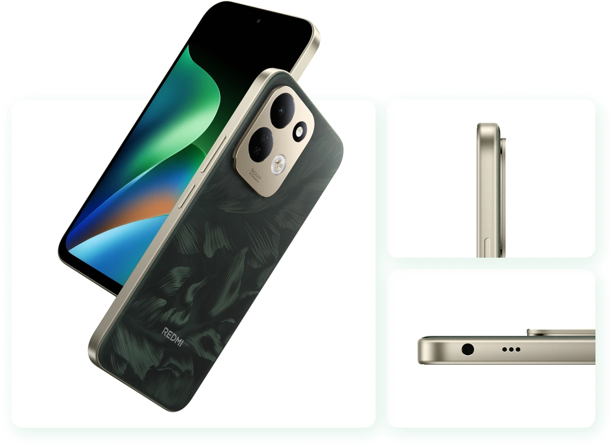 Redmi 17 em três quartos com traseira verde, perfil de 8,8 mm de espessura e entrada P2 na base