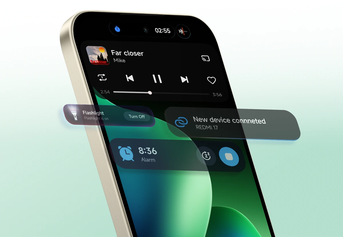 Central de controle do HyperOS 3 no Redmi 17, com player de música, lanterna e alarme