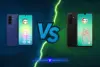 Galaxy A27 vs Galaxy A26: os dois aparelhos lado a lado, o A27 azul e o A26 preto, separados por um raio, mostrando a traseira e a tela de cada um