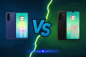 Galaxy A27 vs Galaxy A26: os dois aparelhos lado a lado, o A27 azul e o A26 preto, separados por um raio, mostrando a traseira e a tela de cada um