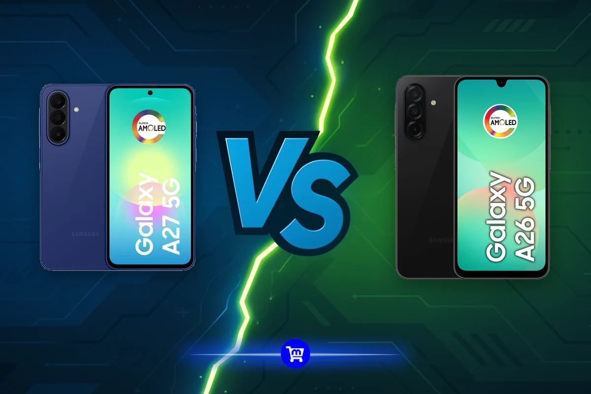 Galaxy A27 vs Galaxy A26: os dois aparelhos lado a lado, o A27 azul e o A26 preto, separados por um raio, mostrando a traseira e a tela de cada um