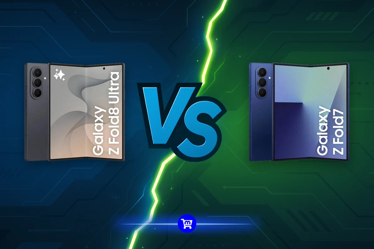 Galaxy Z Fold 8 Ultra vs Galaxy Z Fold 7: os dois dobráveis abertos lado a lado, o Fold 8 Ultra preto à esquerda e o Fold 7 azul à direita, separados por um raio, mostrando a traseira e a tela de cada um