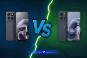 Moto G67 vs Moto G86: os dois aparelhos lado a lado, ambos em cinza grafite, separados por um raio, mostrando a traseira e a tela de cada um