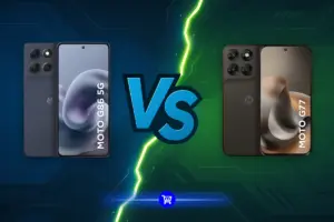 Moto G86 vs Moto G77: os dois aparelhos lado a lado, o G86 em azul grafite e o G77 em marrom escuro, separados por um raio, mostrando a traseira e a tela de cada um