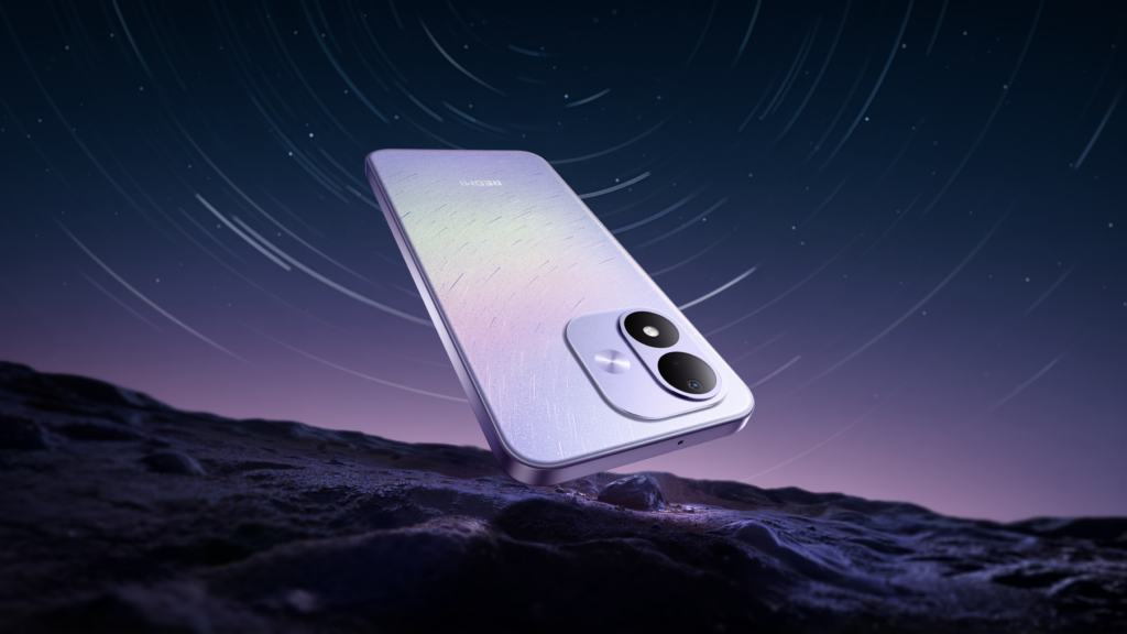 Celulares Xiaomi com melhor bateria: veja os modelos com maior autonomia 9 Redmi Note 17 5G na cor Roxa em um fundo de galáxia fazendo referência ao seu design