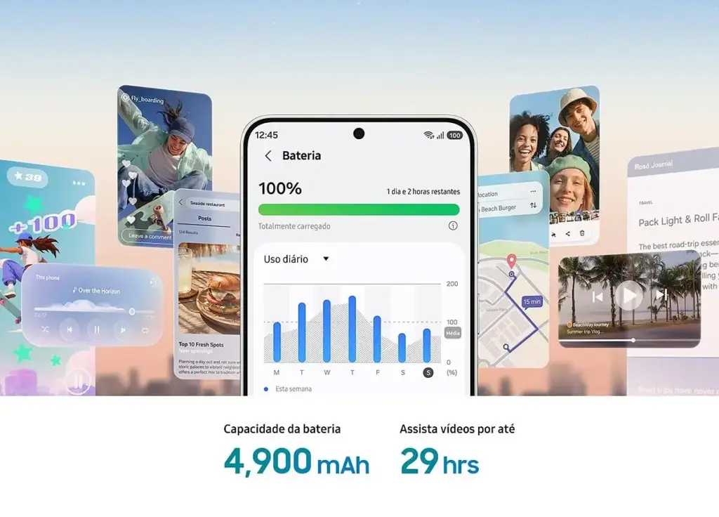 Galaxy S26 FE chega ao Brasil com One UI 9; veja preço e ficha técnica 8 Tela de bateria do Galaxy S26 FE com 4.900 mAh e até 29 horas de reprodução de vídeo