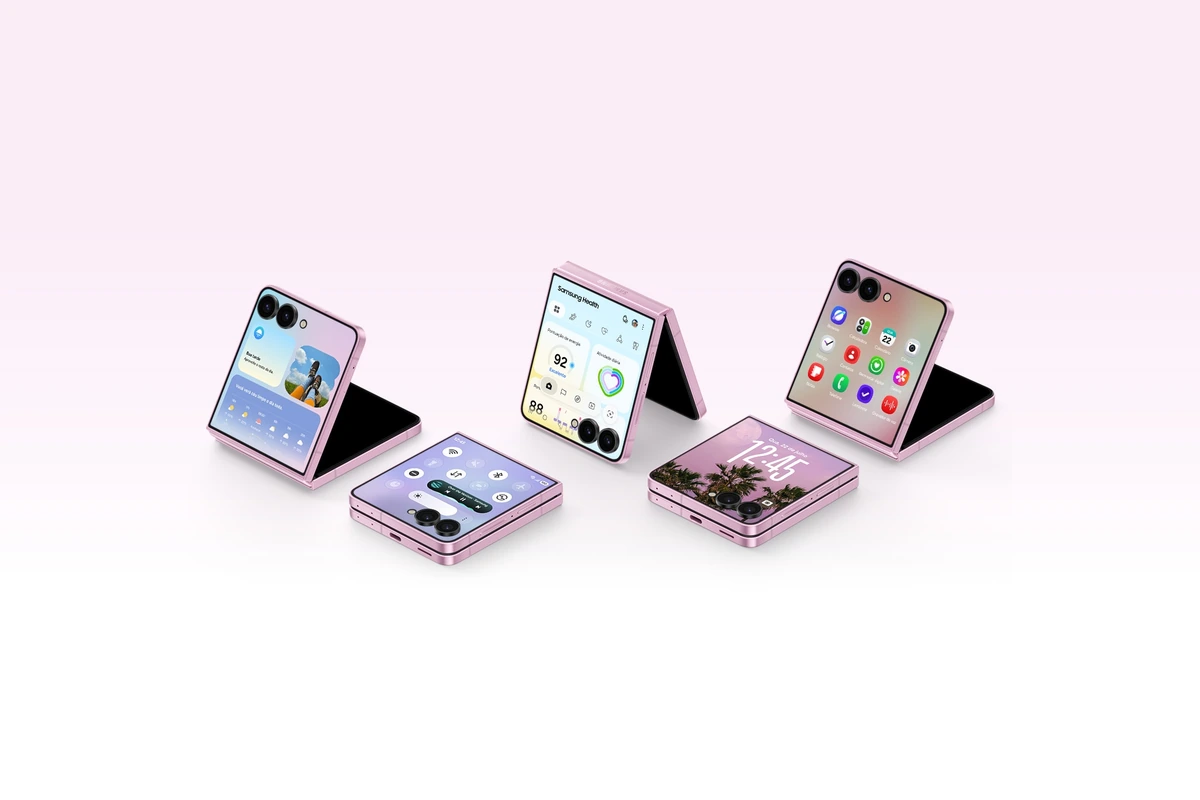 Galaxy Z Flip 8 Vale a Pena em 2026? Análise do Dobrável Mais Fino da Samsung 9 Cinco unidades do Galaxy Z Flip 8 rosa exibindo o One UI 9, a central de controle e a tela externa