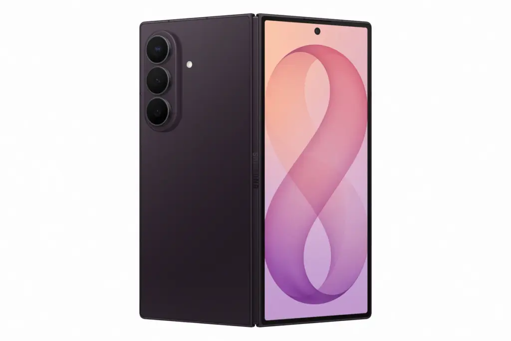 Galaxy Z Fold 8 Ultra roxo aberto em 115 graus visto por trás, mostrando a dobradiça e a espessura