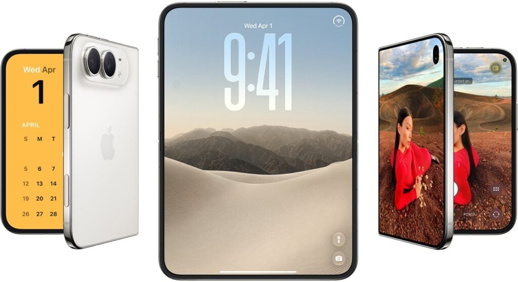 iPhone Duo sendo exibida em diversas posições, com tela completamente aberta ou parcialmente aberta