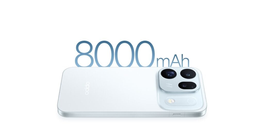 OPPO surpreende com primeiro celular do mundo com 3 câmeras de 200 MP 3 Traseira do smartphone Find X10 na cor Azul gelo apoiado na horizontal, com a tela voltada para baixo. Na parte superior, lê-se "8000mAh" flutuando sobre o dispositivo.