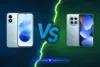 Redmi Note 17 5G vs Redmi Note 15 5G: os dois aparelhos lado a lado, separados por um raio, mostrando a traseira e a tela de cada um
