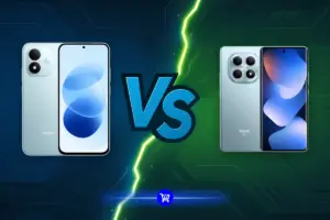 Redmi Note 17 5G vs Redmi Note 15 5G: os dois aparelhos lado a lado, separados por um raio, mostrando a traseira e a tela de cada um