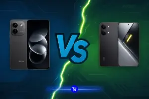 Redmi Note 17 Pro vs Poco X8 Pro: os dois aparelhos pretos lado a lado, separados por um raio, mostrando a traseira e a tela de cada um