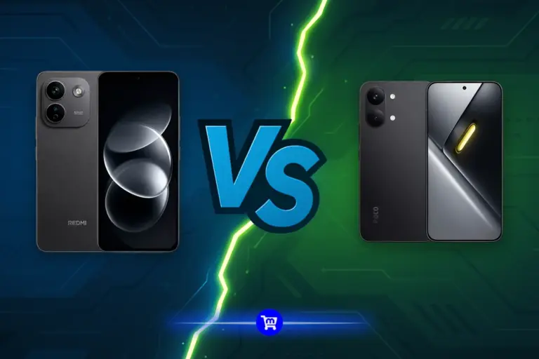 Redmi Note 17 Pro vs Poco X8 Pro: os dois aparelhos pretos lado a lado, separados por um raio, mostrando a traseira e a tela de cada um