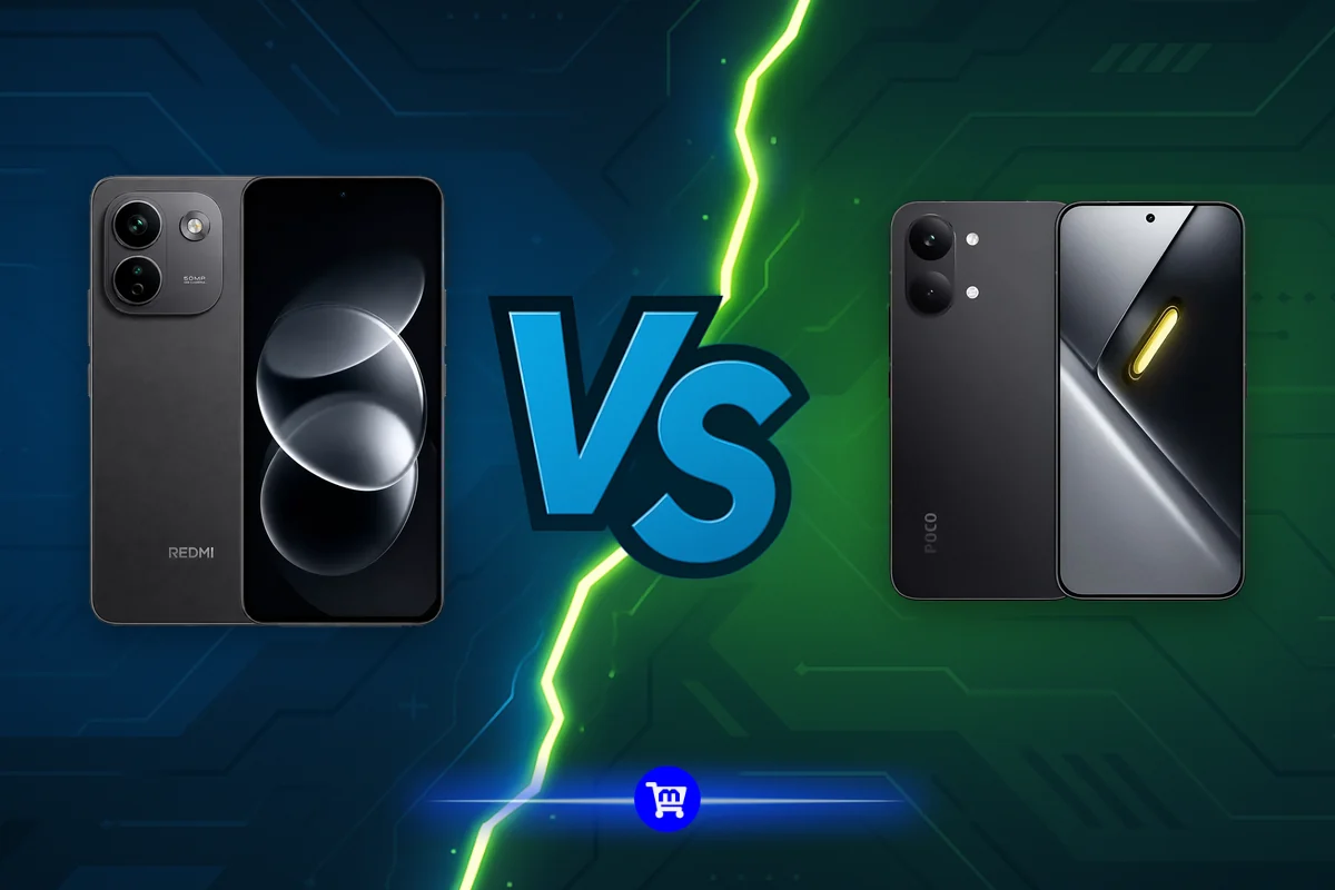 Redmi Note 17 Pro vs Poco X8 Pro: os dois aparelhos pretos lado a lado, separados por um raio, mostrando a traseira e a tela de cada um