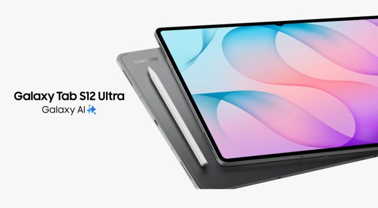 Tablet Galaxy Tab S12 Ultra em cinza com a caneta S Pen branca acoplada à traseira e texto com destaque para recursos de Galaxy AI.