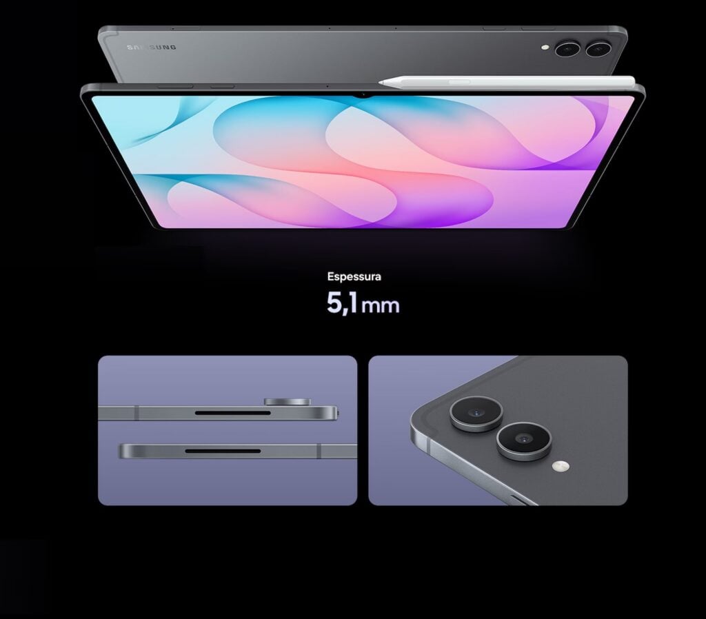 Galaxy Tab S12 Ultra é bom? Veja preço e ficha técnica do tablet da Samsung 4 Tablet Galaxy Tab S12 Ultra cinza com caneta S Pen acoplada na borda, destacando espessura fina de 5,1 mm, perfil lateral e câmeras traseiras.
