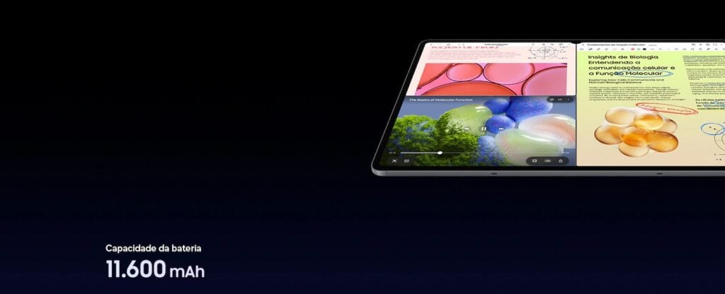 Galaxy Tab S12 Ultra é bom? Veja preço e ficha técnica do tablet da Samsung 8 Galaxy Tab S12 Ultra em uso multitarefa com destaque para a bateria de 11.600 mAh.
