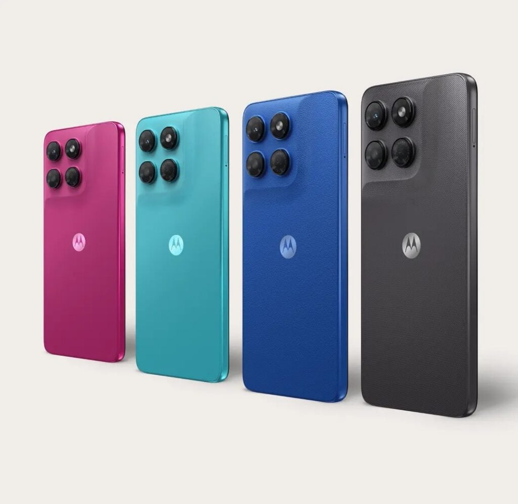 Motorola Moto G37 nas cores Rosa, Azul Turquesa, Azul Náutico e Grafite.