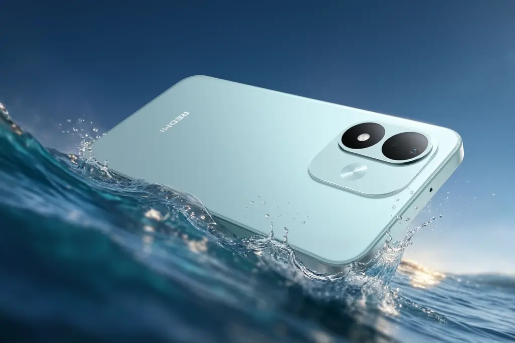 Redmi Note 17 4G verde-água sobre uma onda, com respingos de água na traseira e no módulo de câmera