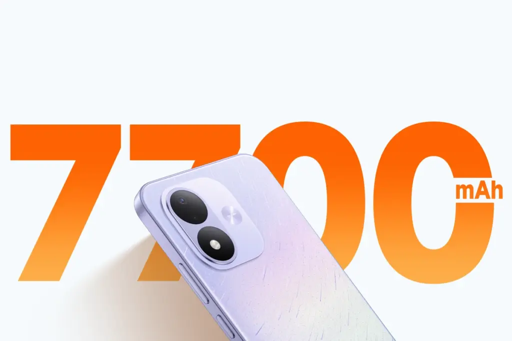 Redmi Note 17: Preço, Ficha Técnica e Qual Modelo Comprar em 2026 10 Traseira do Redmi Note 17 5G sobre o número 7700 mAh, a capacidade da bateria