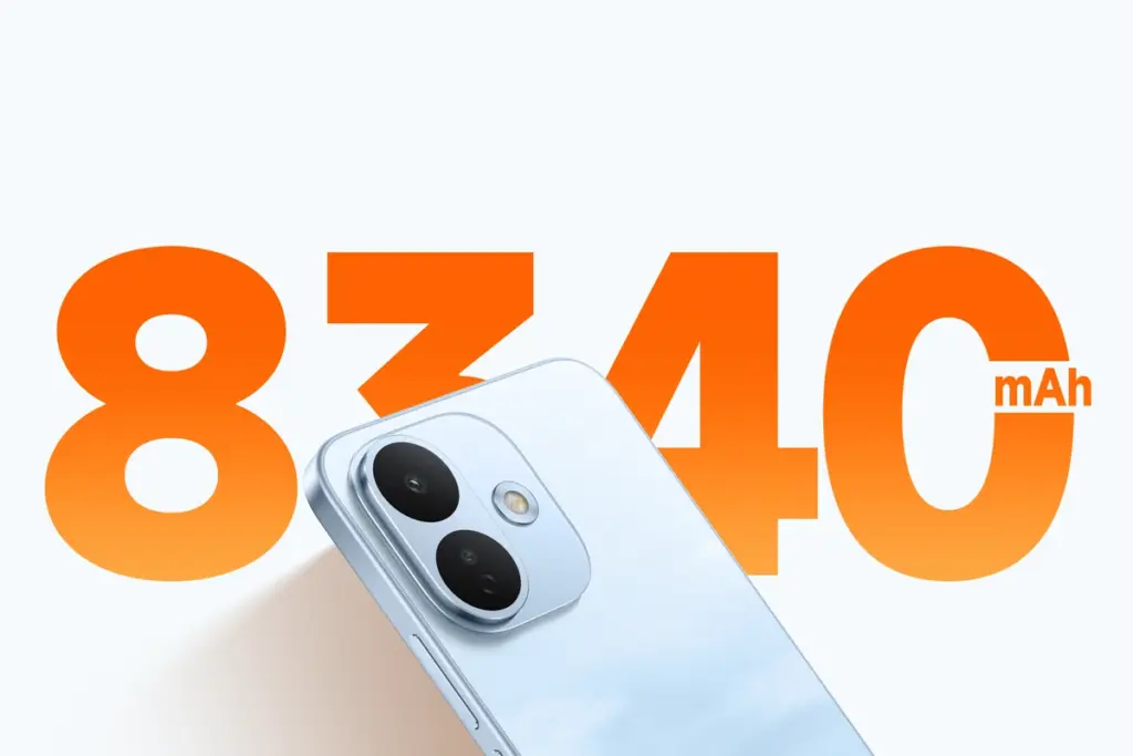 Redmi Note 17: Preço, Ficha Técnica e Qual Modelo Comprar em 2026 12 Traseira do Redmi Note 17 Pro sobre o número 8340 mAh, a capacidade da bateria