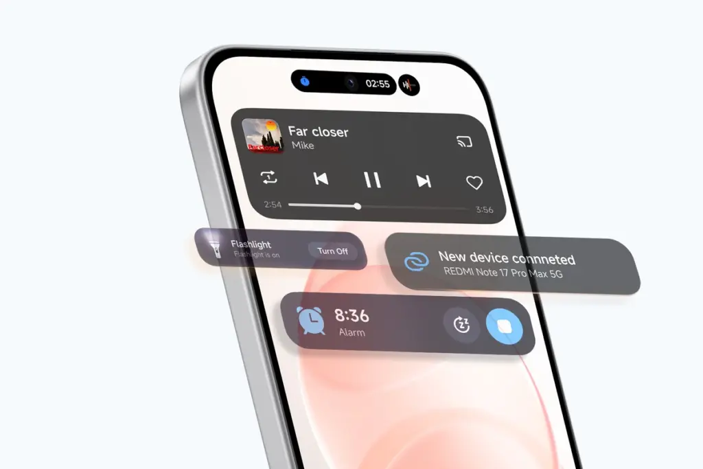 Interface do HyperOS 3 no Redmi Note 17 Pro Max, com controles de música e notificações