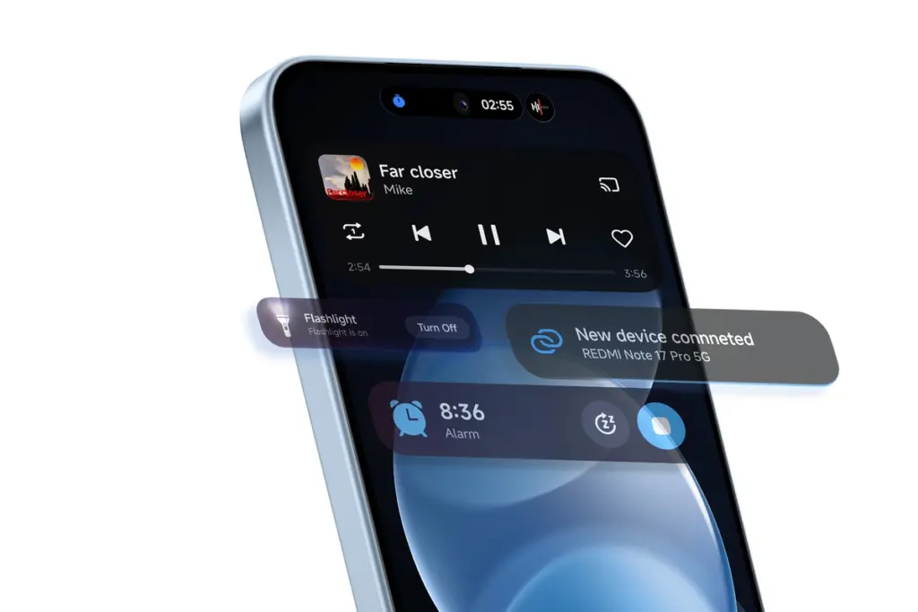 Interface do HyperOS 3 no Redmi Note 17 Pro, com controles de música e notificações